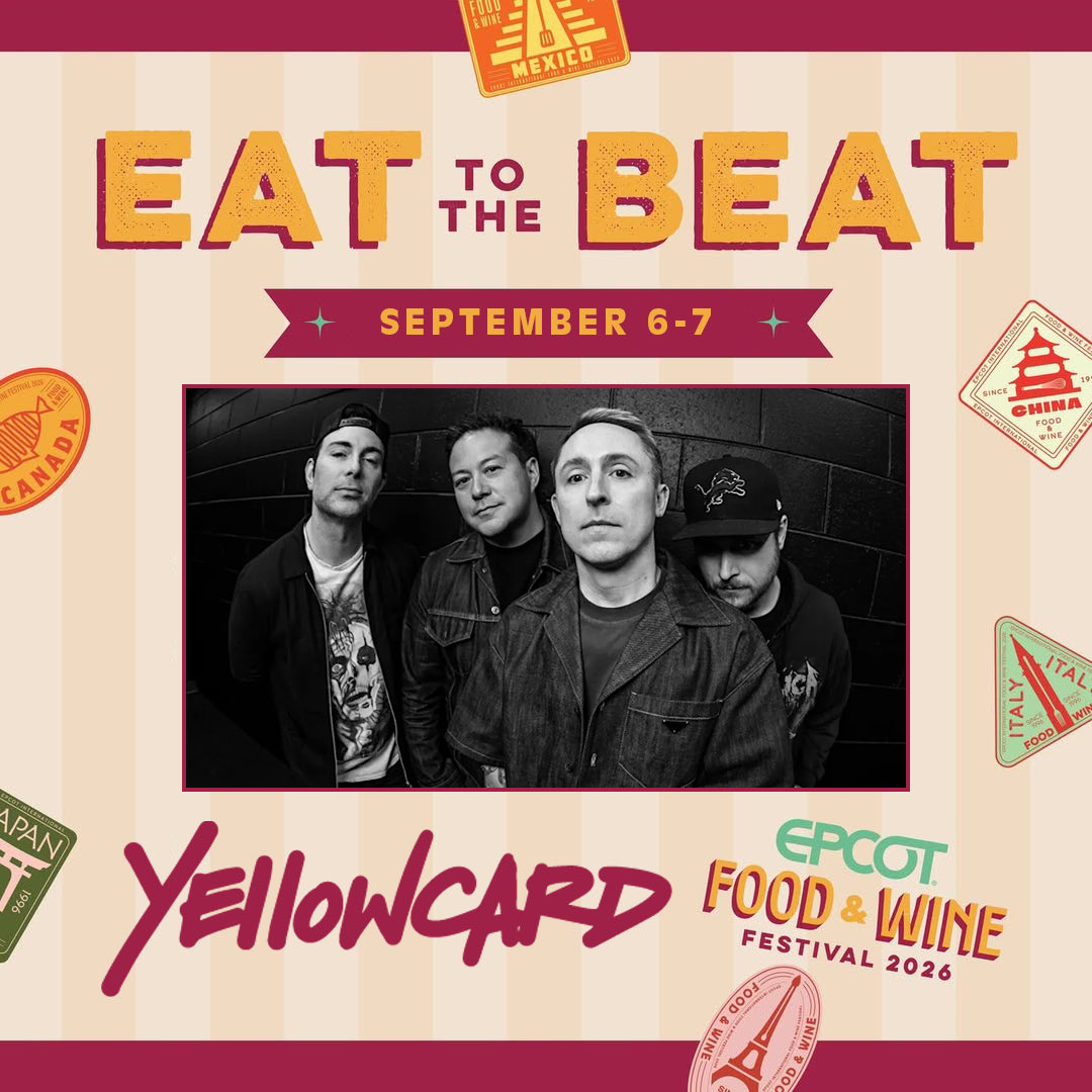 Yellowcard's tweet photo. Hey, hey Orlando! Your favorite Disney adults are back for another year of Eat To The Beat during EPCOT International Food &amp; Wine Festival tomorrow, 9/6 and Monday, 9/7! 🌐 https://t.co/2xH5fh8wwv