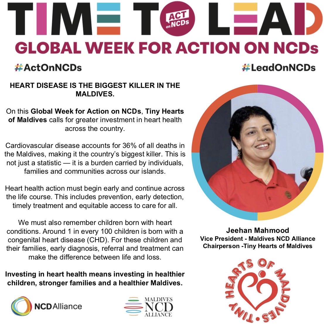 MaldivesNCDA's tweet photo. HEART DISEASE IS THE BIGGEST KILLER IN THE MALDIVES.
On this Global Week for Action on NCDs, @TinyHeartsMV calls for greater investment in heart health across the country.
#LeadOnNCDs #ActOnNCDs
@presidencymv @un_ncd https://t.co/RERERKRO39