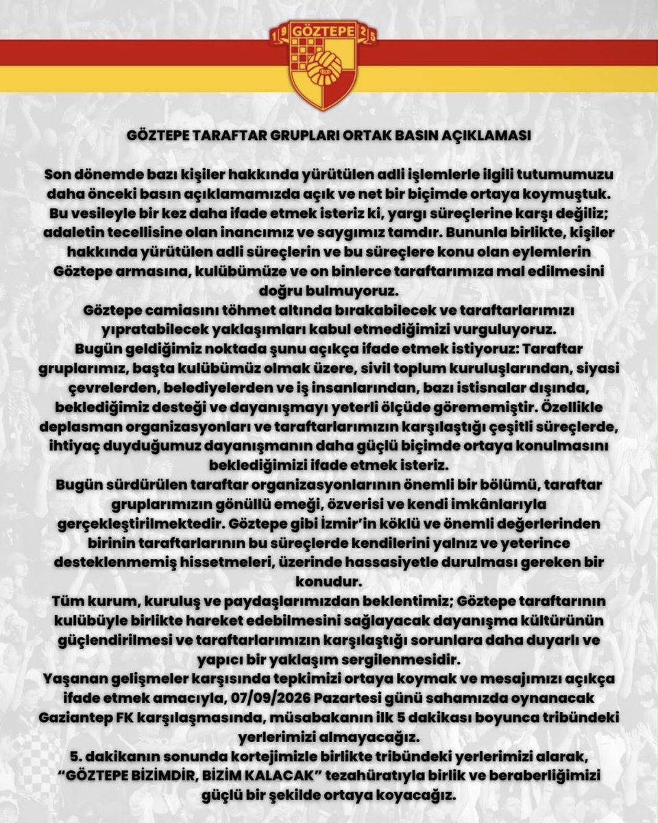 35Numaracom's tweet photo. 📝 Göztepe Taraftar Gruplarından Ortak Basın Açıklaması https://t.co/kpjvPxzHFJ