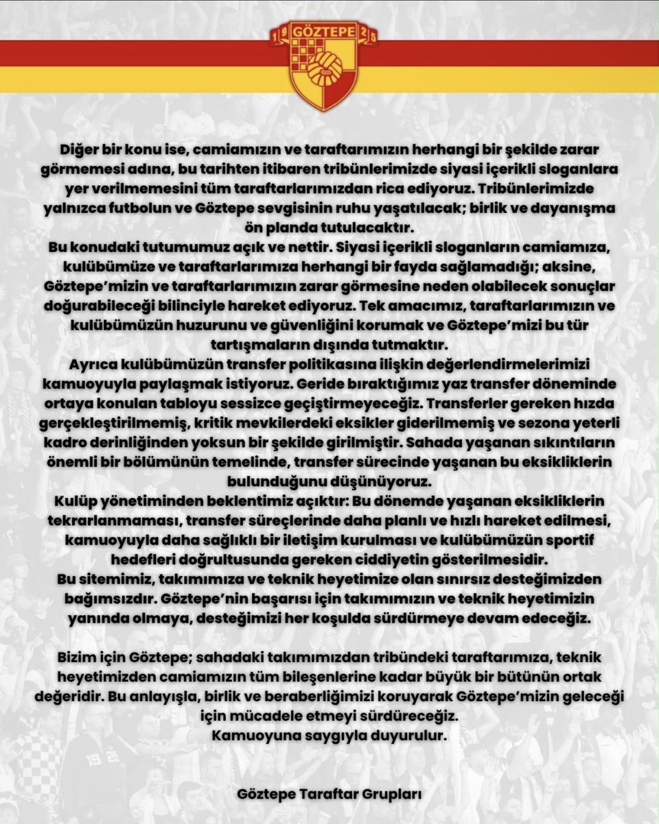 35Numaracom's tweet photo. 📝 Göztepe Taraftar Gruplarından Ortak Basın Açıklaması https://t.co/kpjvPxzHFJ