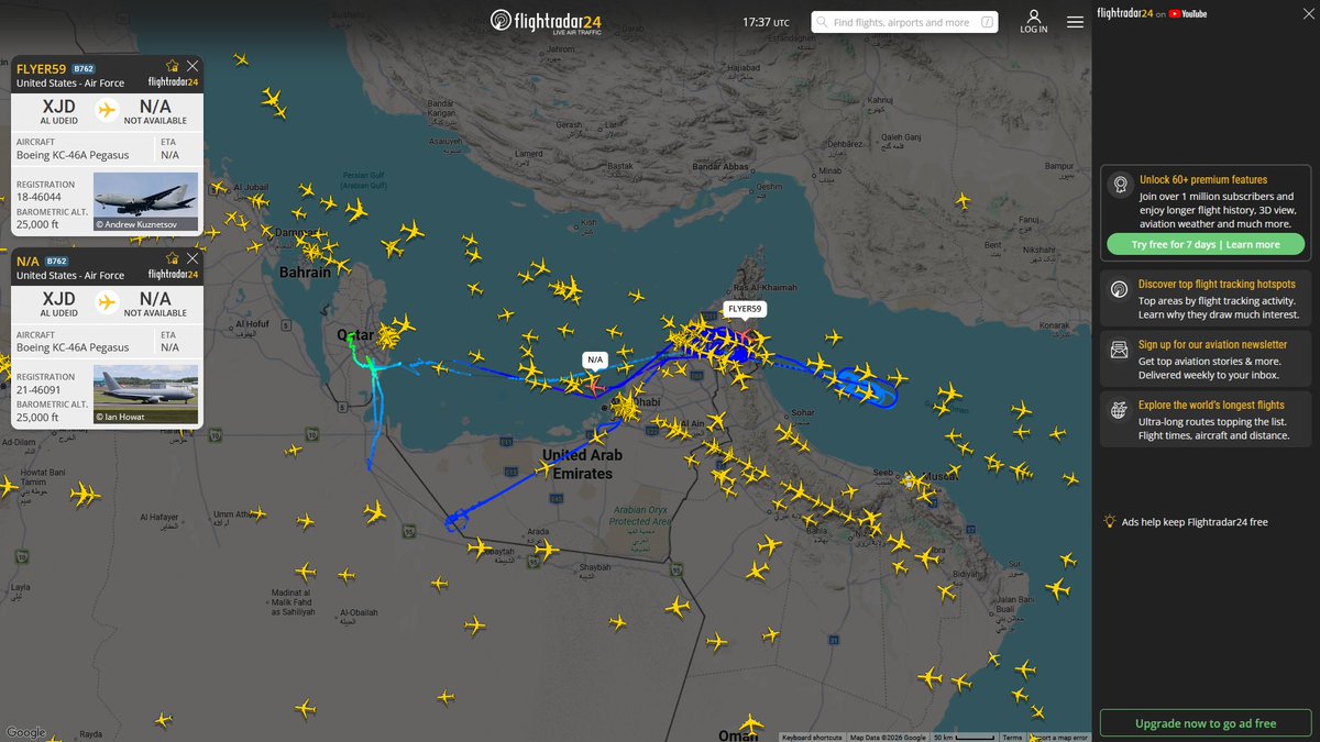 AIYeyENGDdJkjTr's tweet photo. Sept. 6, 2026
#Ben Gurion ==> #Gulf of Oman
#NoCALLSIGN #AE013E USAF KC-135R Stratotanker
#NoCALLSIGN #AE05AD USAF KC-135R Stratotanker
#Al-Udeid Air Base ==> #Gulf of Oman #Musandam Peninsula
#FLYER59 #AE5F97 USAF KC-46A Pegasus
#NoCALLSIGN #AE63C7 USAF KC-46A Pegasus
#Al-Udeid Air Base ==> #Musandam Peninsula
#NoCALLSIGN #AED555 USAF KC-46A Pegasus