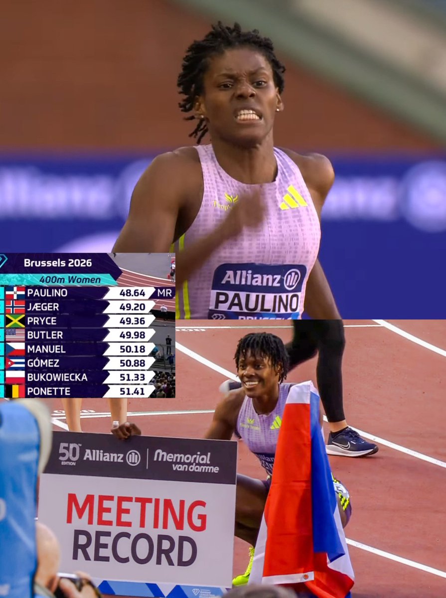 TrackGazette's tweet photo. 48.64s!!🔥
MEET RECORD ☑️

Marileidy Paulino 🇩🇴 powered to victory in the women's 400m at the Brussels Diamond League Final, running a time of 48.64s!

Henriette Jæger 🇳🇴 was 2nd in 49.20s, while Nickisha Pryce 🇯🇲 was 3rd in 49.36s. https://t.co/ffn7gDcpm5