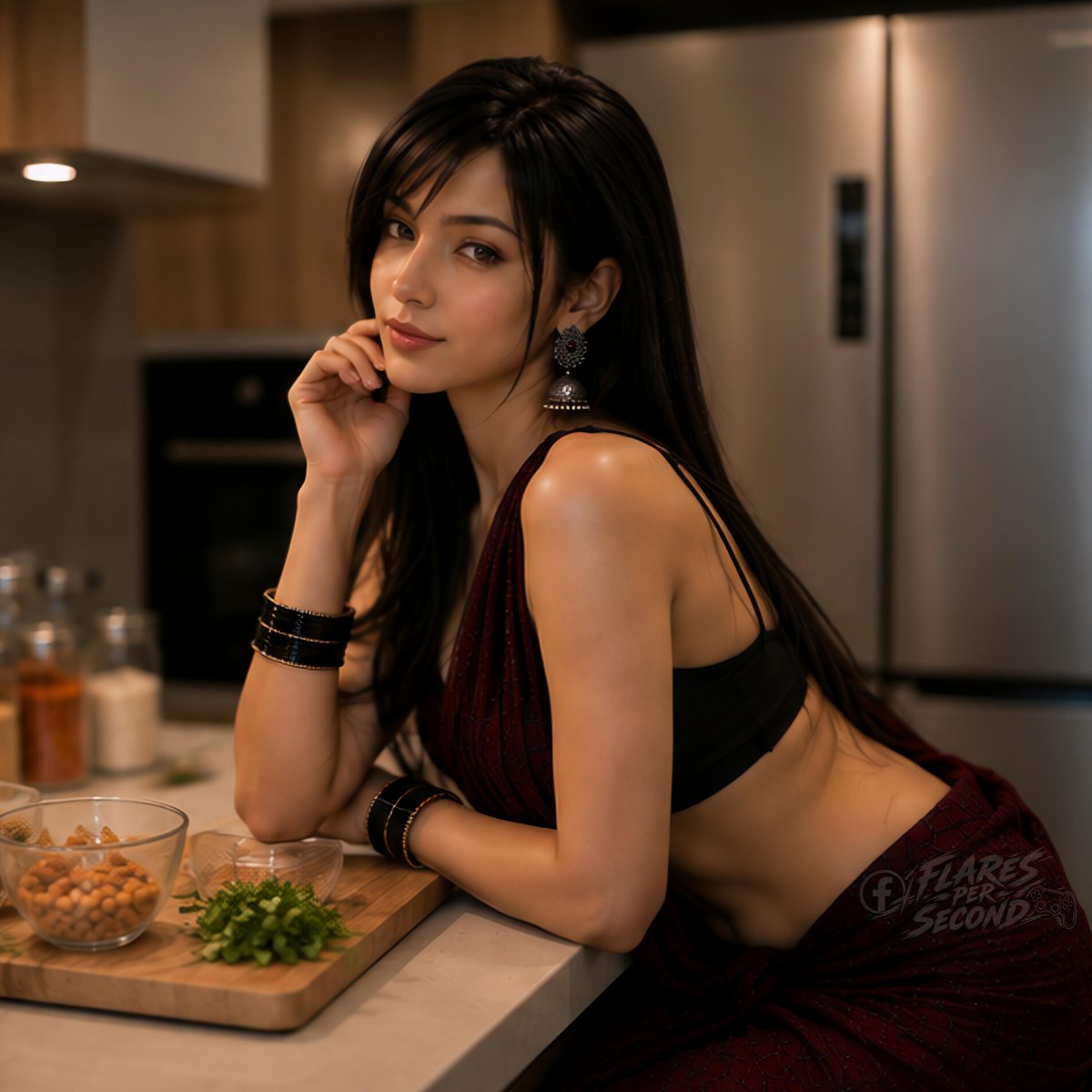 flarespersecond's tweet photo. Tifa Lockhart from Final Fantasy VII, looking stunning in a graceful deep-burgundy saree paired with a black blouse and traditional jhumka earrings. ❤️
#TifaLockhart #FinalFantasyVII #FFVII #SquareEnix #FlaresPerSecond https://t.co/nQCTScXlpc