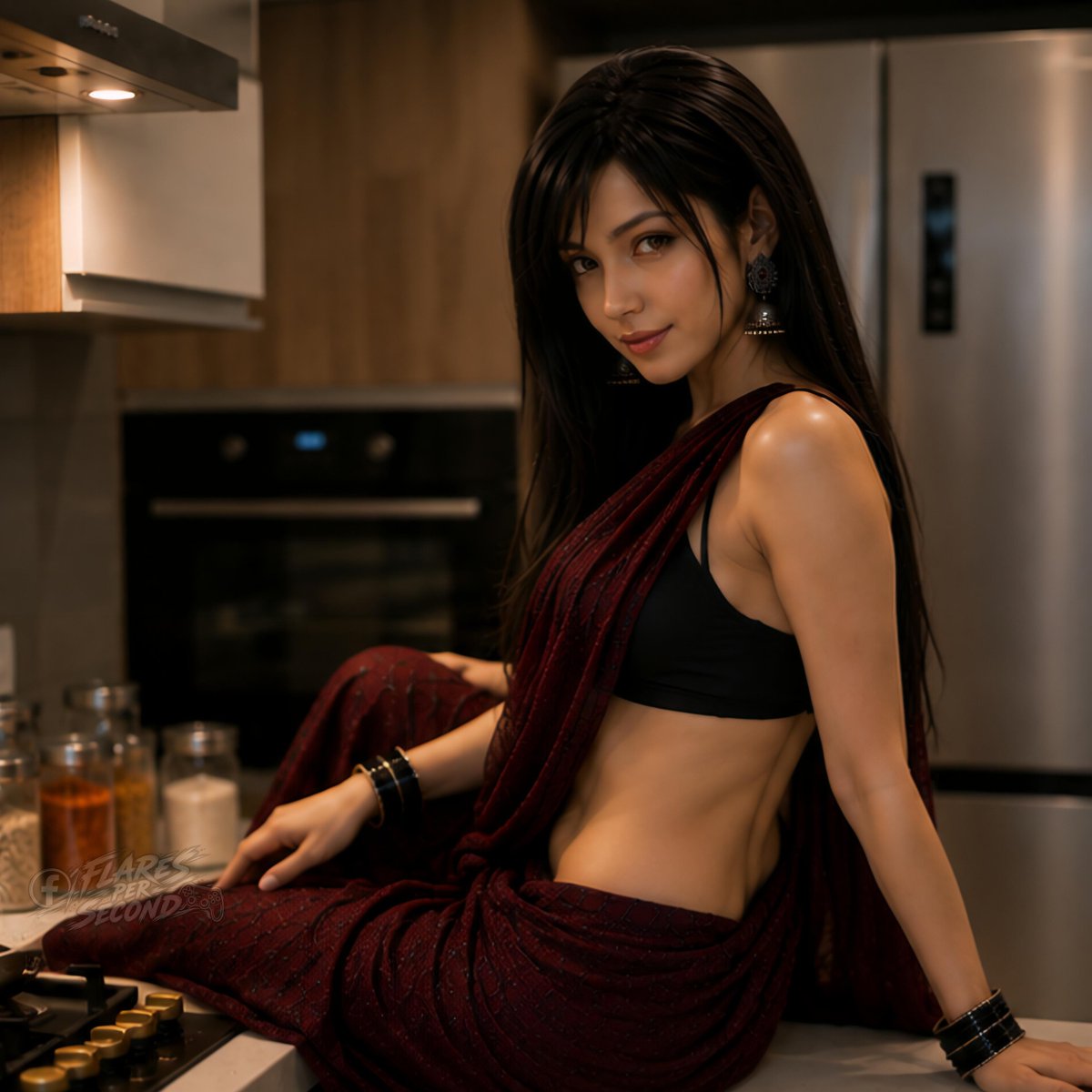 flarespersecond's tweet photo. Tifa Lockhart from Final Fantasy VII, looking stunning in a graceful deep-burgundy saree paired with a black blouse and traditional jhumka earrings. ❤️
#TifaLockhart #FinalFantasyVII #FFVII #SquareEnix #FlaresPerSecond https://t.co/nQCTScXlpc