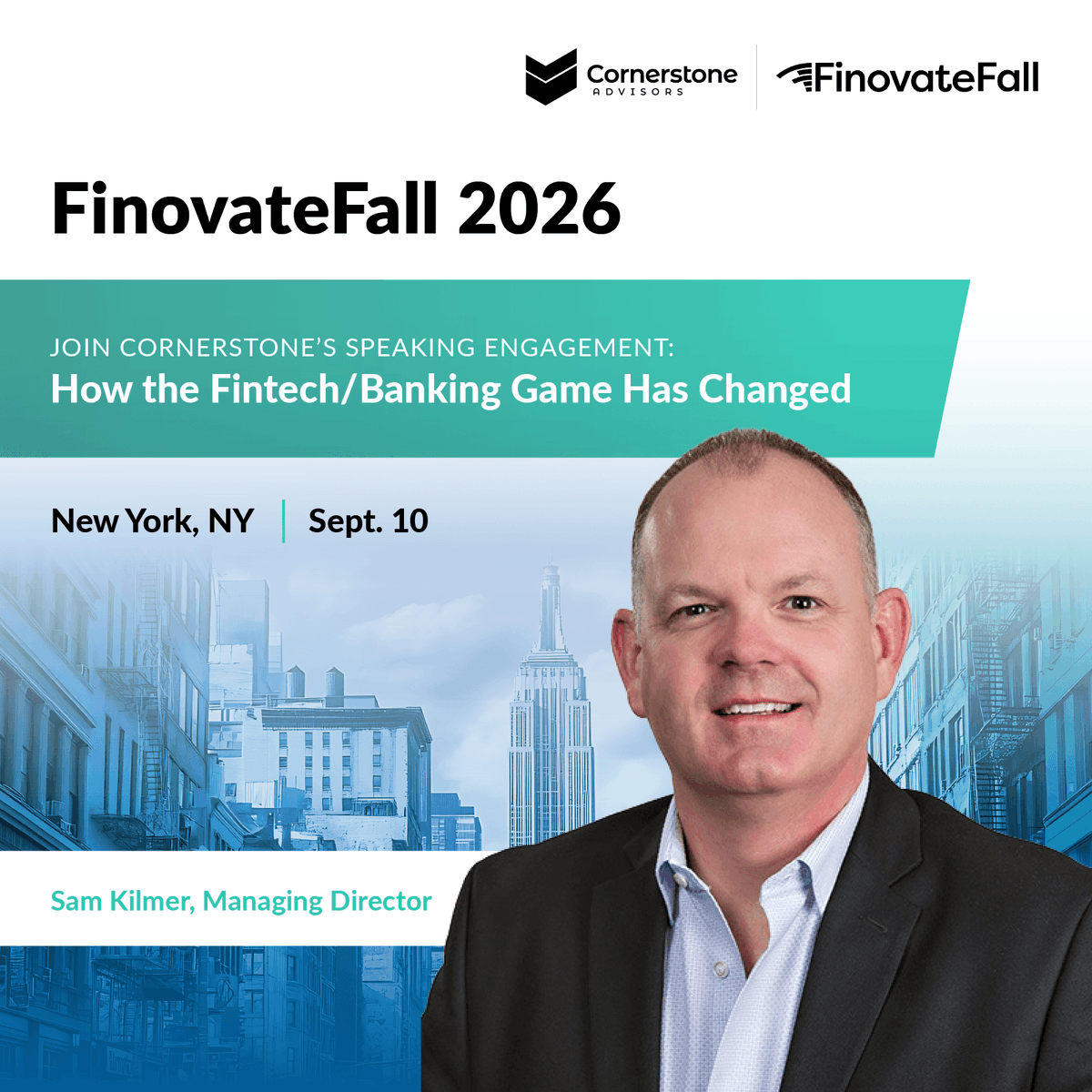 CstoneAdvisors's tweet photo. @Finovate Fall is almost here. 🚀

@SamKilmer &amp; Stacey Bryant are taking the stage in NYC to share their perspectives on where banking &amp; fintech are headed.

If you’re attending, be sure to catch their sessions. See you there! 👋

#finovate #fintech #banking #financialservices https://t.co/EGiXSXFdmz