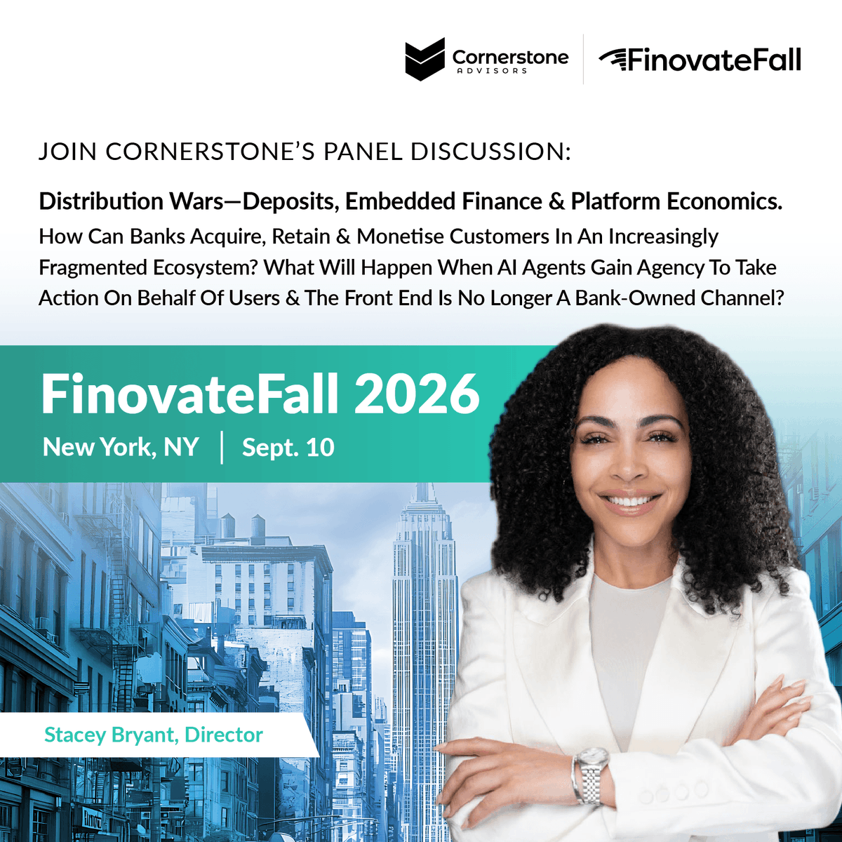 CstoneAdvisors's tweet photo. @Finovate Fall is almost here. 🚀

@SamKilmer &amp; Stacey Bryant are taking the stage in NYC to share their perspectives on where banking &amp; fintech are headed.

If you’re attending, be sure to catch their sessions. See you there! 👋

#finovate #fintech #banking #financialservices https://t.co/EGiXSXFdmz