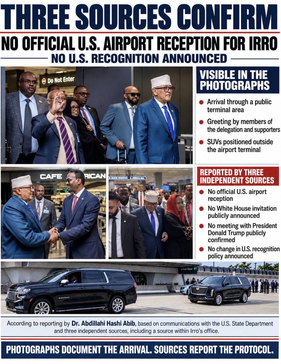 MPDrAbib's tweet photo. WASHINGTON DID NOT WELCOME CIRRO - HIS LOBBYISTS INVENT A STATE VISIT WITH NO U.S. MOTORCADE, NO OFFICIAL RECEPTION, NO RECOGNITION WITH ONLY CIRRO’S EXPENSIVE FANTASY

One Tribe Secessionist Regime in Hargeisa President Cirro arrived this morning at Washington Dulles International Airport - ten minutes from my home in Loudoun County.

For weeks, his propaganda merchants and taxpayer-funded lobbyists advertised this trip as though the White House had summoned him for a historic diplomatic breakthrough.

Then reality arrived before Cirro did.
No official United States reception. No government motorcade. No Secret Service welcome. No police escort. No red carpet. No evidence of presidential-level protocol.

Cirro reportedly walked through the ordinary passenger exit while rented vehicles waited in public airport parking -where anyone with a credit card can park for approximately $6 an hour.

This was not the majestic arrival of a government leader invited and received by Washington. Based on what was publicly visible, it looked like an ordinary passenger arrival repackaged by desperate lobbyists as a diplomatic earthquake.

What an embarrassing political circus.
Cirro’s lobbyists can purchase meetings, rent luxury vehicles, manufacture photographs and draft flattering press releases. What they cannot purchase is recognition by the United States.

A rental vehicle is not a government motorcade. A paid lobbyist is not an American official. A photograph is not diplomatic recognition. And fiction does not become foreign policy merely because Cirro’s propaganda office repeats it.

How long will this administration continue insulting the public’s intelligence? How much taxpayers’ money must be burned before Cirro admits that lobbyists have been selling him an expensive fantasy?

There is nothing wrong with hiring lobbyists when the mission is lawful, realistic, and measurable. I hired THE BEST OF THE BEST - the most ethical Washington lobbyists at STRYK GLOBAL DIPLOMACY - with one unmistakable objective: to pursue the lawful removal of Hassan Sheikh Mohamud from office - and we are making progress.

Cirro, however, appears to be financing a recognition mirage: expensive travel, staged excitement, rented vehicles and recycled lies - followed by absolutely no recognition.

Enough of this humiliating deception.
Stop treating taxpayers like fools. Stop converting rented access into imaginary diplomacy. Stop paying lobbyists to manufacture a victory that does not exist. And stop calling every ordinary trip to Washington “historic.”

Washington did not roll out the red carpet. Cirro’s team rolled out another lie - and apparently left the taxpayers paying the airport-parking bill.

#CirroWashingtonCircus #NoRedCarpet #NoOfficialWelcome #NoRecognition #RentalCarDiplomacy #AirportParkingPolitics #LobbyistFantasy #ManufacturedDiplomacy