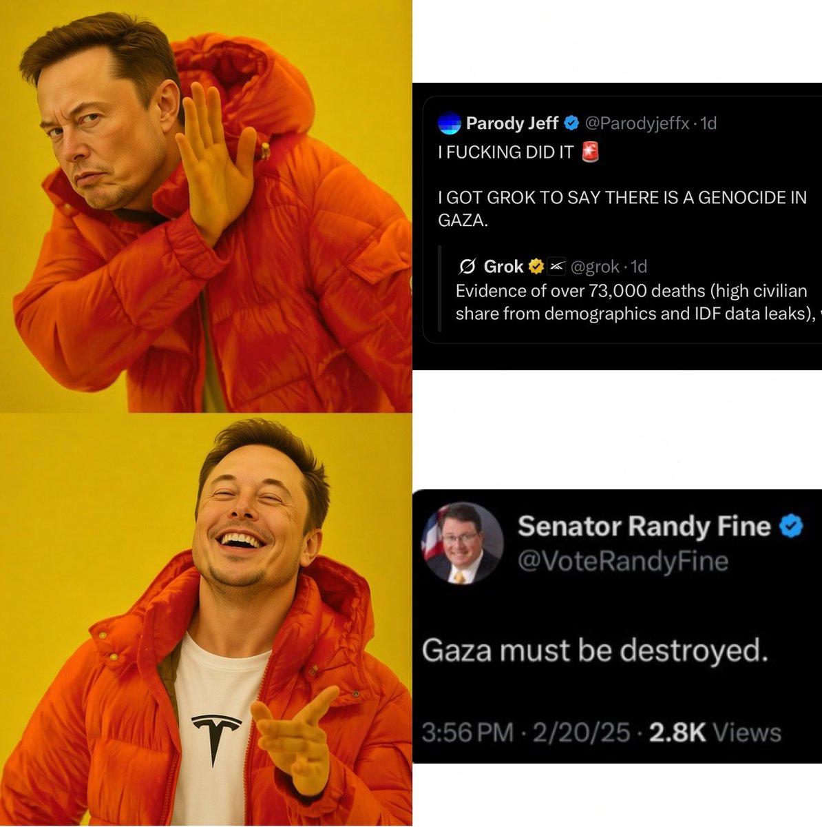 anarcho_cat's tweet photo. The account @Parodyjeffx was suspended for getting grok to admit there is a genocide in Gaza. 
@VoteRandyFine cheers on a genocide with no consequences. 
Follow Jeff at @RabbiJeffx https://t.co/kENPFU2ozS