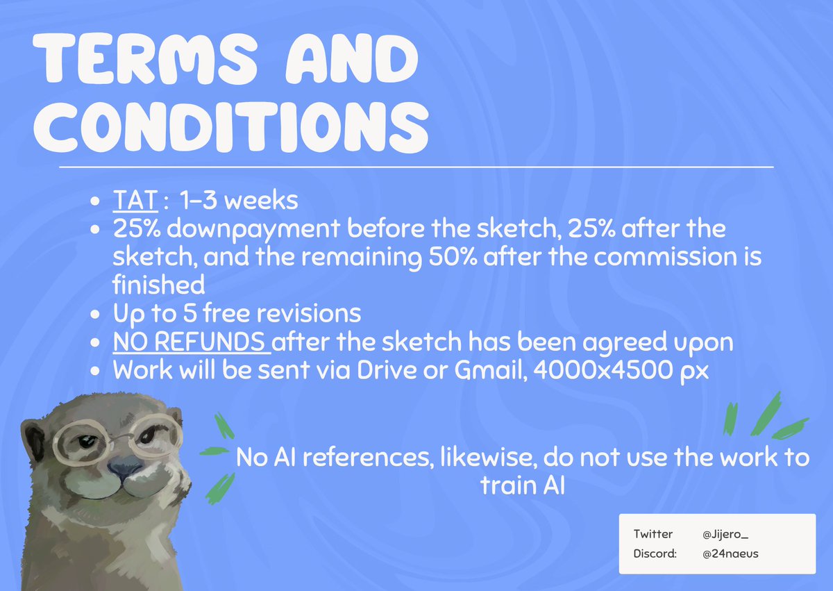 jijero_'s tweet photo. Hello! 

I'm opening 5 commission slots for the month of September to October.  If you guys are interested, kindly message me here or via email.  My price list and sample works are attached below, you can also check out my other works in my media tab.  

Thank you! 🩵 https://t.co/KDLvF0WZZg