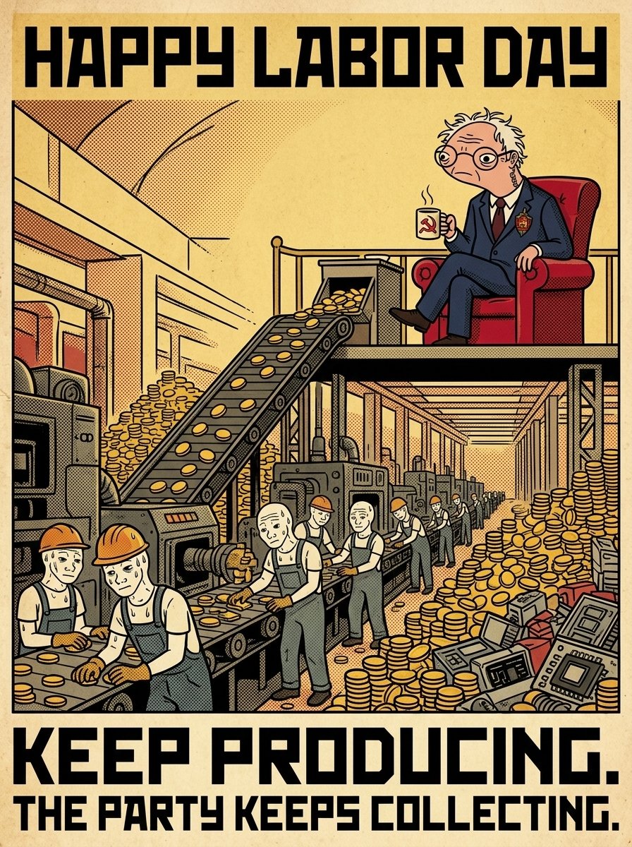 BurnieSendersX's tweet photo. Comrades  

Happy Labor Day.  

To the workers: keep producing.  
To the Party: keep collecting.  

Today we honor labor  
by reminding it that the surplus belongs to the collective.  

The plan is perfect.  ☭ https://t.co/aV7HktZR7d