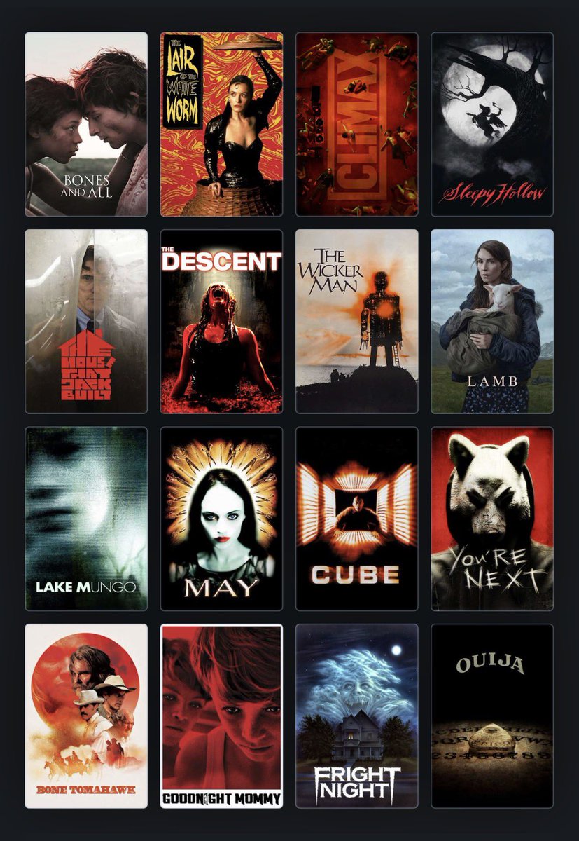 LifeIsAFilmFest's tweet photo. Some horror/thrillers newly added to Tubi:

Bones and All
The Lair of the White Worm
Climax
Sleepy Hollow
The House That Jack Built
The Descent 1&2
The Wicker Man (1973)
Lamb
Lake Mungo
May
Cube (1997, 2021), Cube 2, Cube Zero
You’re Next
Bone Tomahawk
Goodnight Mommy
Fright Night
Ouija/Ouija: Origin of Evil