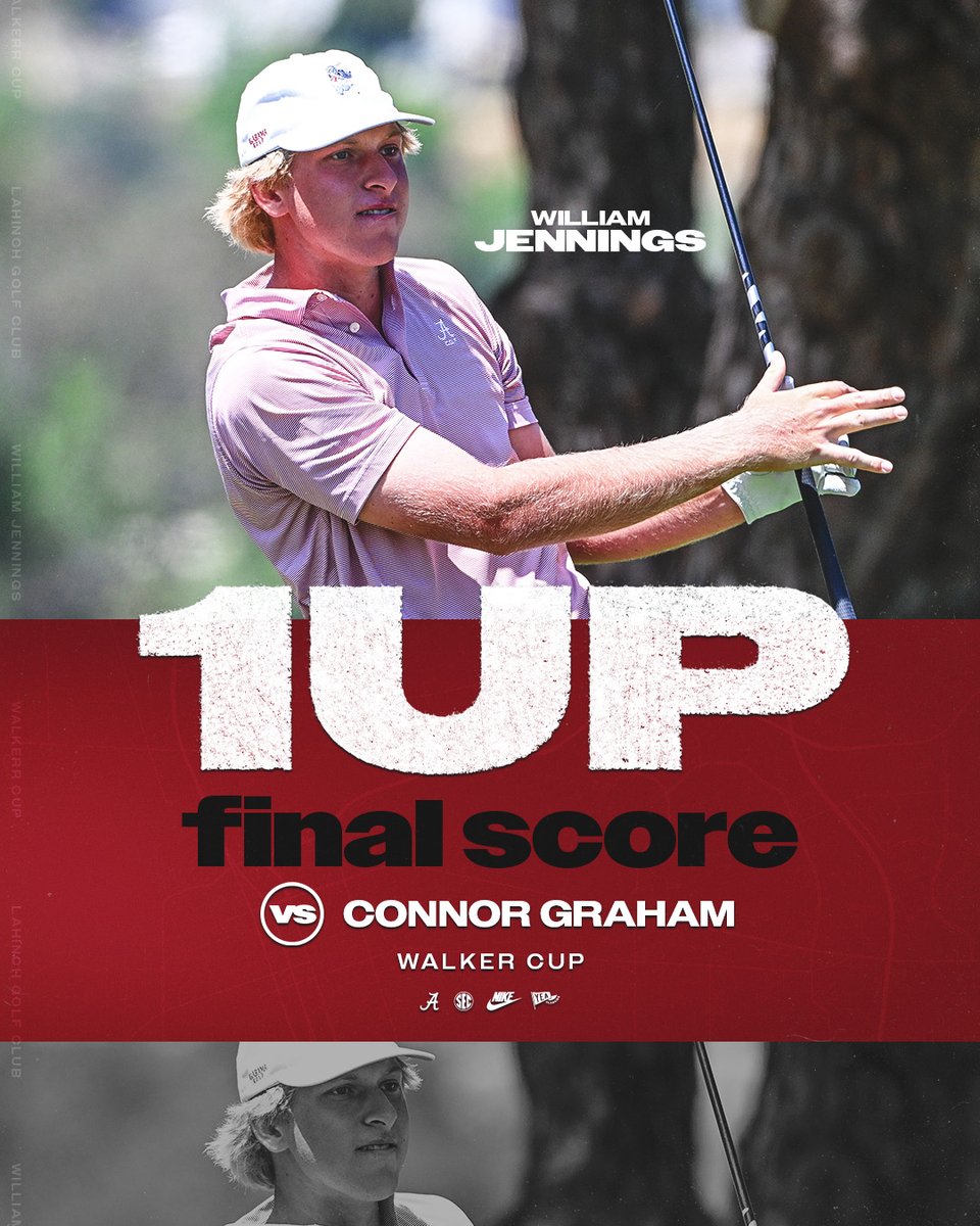 AlabamaMGolf's tweet photo. Day One ☑️

William Jennings captured a 1UP victory to earn a point for Team USA on day one of The Walker Cup!

#RollTide https://t.co/sexzE4Bfq7