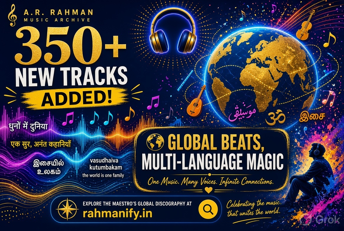 Rahmanify_in's tweet photo. 350+ NEW TRACKS ADDED! 🎧 global beats, multi-language magic.
We just expanded the archive with over 350+ original &amp; dubbed track links—including iconic international language releases! 🌍✨
Explore  https://t.co/HE7kxAX0jj 🚀 
#ARRahman #Rahmanify #Rahmaniacs #GlobalMusic https://t.co/cL4bjUbbB9