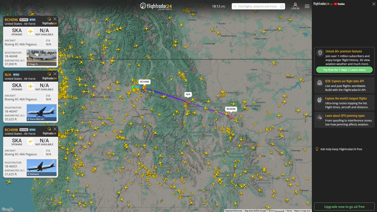 AIYeyENGDdJkjTr's tweet photo. Sept. 6, 2026
#Fairchild Air Force Base ==>
#RCH096 #AE5F9B USAF KC-46A Pegasus
#NoCALLSIGN #AE5F9A USAF KC-46A Pegasus
#RCH098 #AE5F9E USAF KC-46A Pegasus
Additional KC-46A aerial refueling tankers are being deployed.
At this point, one might also consider the possibility of them supporting bombers tasked with striking Pickaxe Mountain in Isfahan, Iran.