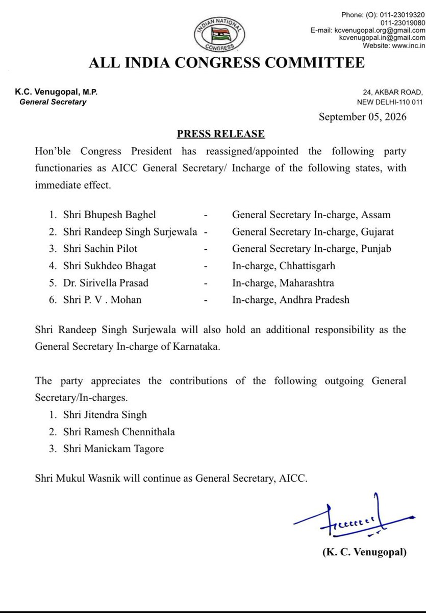 JitendraSAlwar's tweet photo. My heartiest congratulations and best wishes to Shri Bhupesh Baghel Ji on being appointed AICC In-charge of Assam; Shri Randeep Singh Surjewala for Gujarat; Shri Sachin Pilot for Punjab; Shri Sukhdeo Bhagat for Chhattisgarh; Dr. Sirivella Prasad for Maharashtra; and Shri P.V. Mohan for Andhra Pradesh.

@bhupeshbaghel ji has a deep understanding of Assam’s political landscape, he was the party’s Senior Observer during elections in the state. I am confident that the Congress party will grow stronger in Assam under his leadership.

@INCIndia @INCAssam