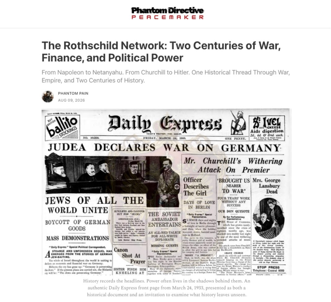 phantompain1984's tweet photo. “Palestine was not Britain's to give away.”

JFK wrote that in 1939.

But Britain had already made the promise 22 years earlier.

November 2, 1917.

World War I was still raging when Arthur Balfour sent Britain's historic declaration supporting a Jéwish national home in Palestine to:

Lord Walter Rothschild.

That fact opens a much larger historical door.

Because the Rothschild story did not begin with Palestine.

It begins with a cross-border financial network built across Europe.

It passes through the Napoleonic Wars.

Then through British imperial finance.

Then Churchill.

Then World War I and Balfour.

Then Germany, Hítler, Ziónist politics, and the Haavara Agreement.

Then World War II.

Then the creation of Israel.

And finally, the political and financial battles of modern Washington.

My investigation puts those chapters beside one another:
The Rothschild Network: Two Centuries of War, Finance, and Political Power
Read more here:

(https://t.co/VQbsY8Ywcz)

A declaration can fit on one page.

Understanding the system of money, war, diplomacy, and power that produced it can take centuries of history. 3/4