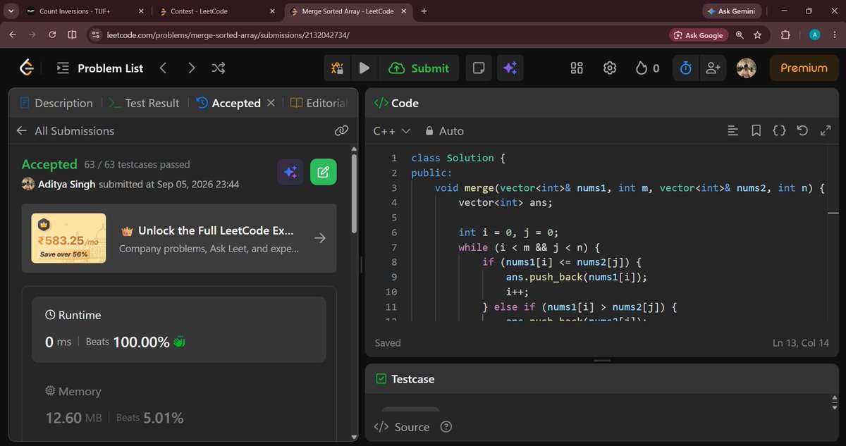 Aditya_codez's tweet photo. 🚀 Day 29 — #RoadToSDE

Solved 5 array problems from @striver_79 revision sheet:

Maximum Product Subarray
Merge Sorted Arrays Without Extra Space
Longest Subarray with Sum K
Count Subarrays with Given Sum
Count Subarrays with XOR K

@takeUforward
#DSA #Arrays #Coding https://t.co/jK5ic1k4eN