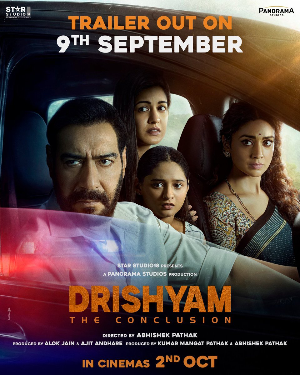 imjadhavtushar's tweet photo. 'DRISHYAM THE CONCLUSION' GETS BIGGER FOR ITS FINAL CHAPTER – TRAILER ON 9 SEPTEMBER – NEW POSTER UNVEILED – 2 OCT 2026 RELEASE... #PanoramaStudios and #StarStudio18 unveil #NewPoster of #DrishyamTheConclusion... The much-loved and immensely successful #Drishyam franchise returns with its final chapter – #DrishyamTheConclusion... #DrishyamTheConclusionTrailer on [Wed] 9 Sept 2026.

The story begins where the second part ends, but with a fresh take… An entirely new screenplay... And the return of #AjayDevgn as the iconic #VijaySalgaonkar.

Also returning are #Tabu, #ShriyaSaran, #RajatKapoor, #KamleshSawant, #IshitaDutta, and #MrunalJadhav.

#JaideepAhlawat and #PrakashRaj join the ensemble in exciting new roles.

Presented by Star Studio18, the Panorama Studios production is directed by Abhishek Pathak and written by Abhishek Pathak, Aamil Keeyan Khan and Parveez Shaikh.

Produced by Alok Jain, Ajit Andhare, Kumar Mangat Pathak, and Abhishek Pathak, #DrishyamTheConclusion arrives in cinemas on 2 Oct 2026 [#GandhiJayanti]. 

#DrishyamDay | #2ndOct
