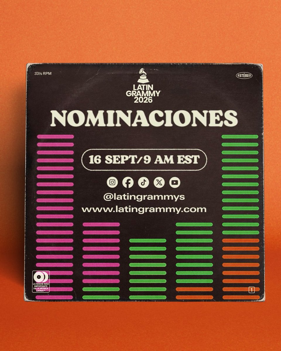LatinGRAMMYs's tweet photo. 👀 ¡Pendientes! Este 16 de septiembre, acompáñanos en vivo en todas nuestras plataformas de redes sociales a partir de las 9 a. m. ET para conocer a los nominados de la 27.ª Entrega Anual del #LatinGRAMMY. 🎶 https://t.co/YnTzKoo4bF