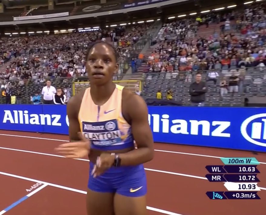 _OwenM_'s tweet photo. Tina Clayton 🇯🇲 clocked 10.93 seconds (+0.3) to win the women’s 100m in Brussels!!! 🔥 

She got a blistering start and never looked back.

#BrusselsDL https://t.co/6r09kQyRSq