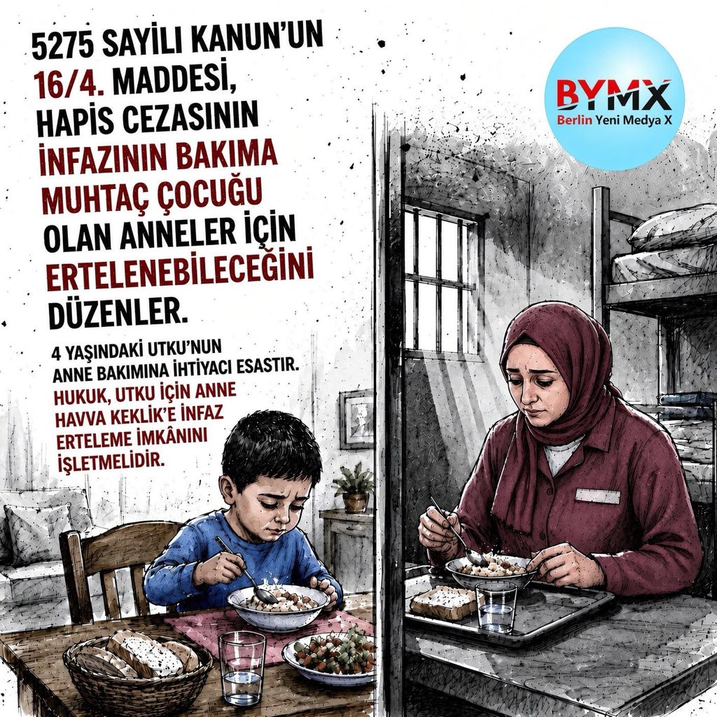 berlinYMX's tweet photo. 🔶4 yaşındaki Utku’nun annesine ihtiyacı var.

5275 sayılı Kanun’un 16/4. maddesi, belirli şartlarda bakıma muhtaç çocuğu bulunan kadın hükümlüler için hapis cezası infazının ertelenmesine imkân tanıyor.
Havva Keklik için de bu hukukî imkân sağlanmalı.

Çocuklar AnnesizBüyümesin https://t.co/pDKsWkKkfa