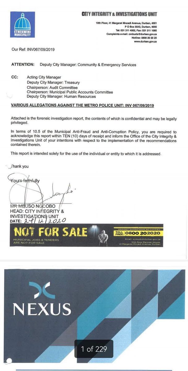 LadyAbahambe's tweet photo. 🚨DURBAN METRO POLICE EMPLOYED 131 POLICE OFFICERS USING FAKE ID NUMBERS:

Yes, 131 police officers in the Durban Metro Police were employed using fake ID Numbers, this is revealed by the Nexus Report.

This means that convicted criminals with criminal records or even illegal foreigners are maybe employed by Durban Metro Police as police officers.

Check page 69 of the Nexus Report in the first picture posted here, it clearly states that 131 police officers were employed into the Durban Metro Police without valid ID Numbers.

Remember the recent press conference by Durban Metro Police Commissioner & Durban Metro Municipal Manager saying that only 6 police officers were found to have been employed irregularly, but here the Nexus Report is now exposing these lies.

The Nexus Report is the findings of a forensic investigation conducted by Nexus Forensic Services, appointed by the Durban Metro Integrity & Investigations Department.

The second picture posted here shows that I have the full 229 page Nexus Report so I will be exposing everything
By:#BaasKruger