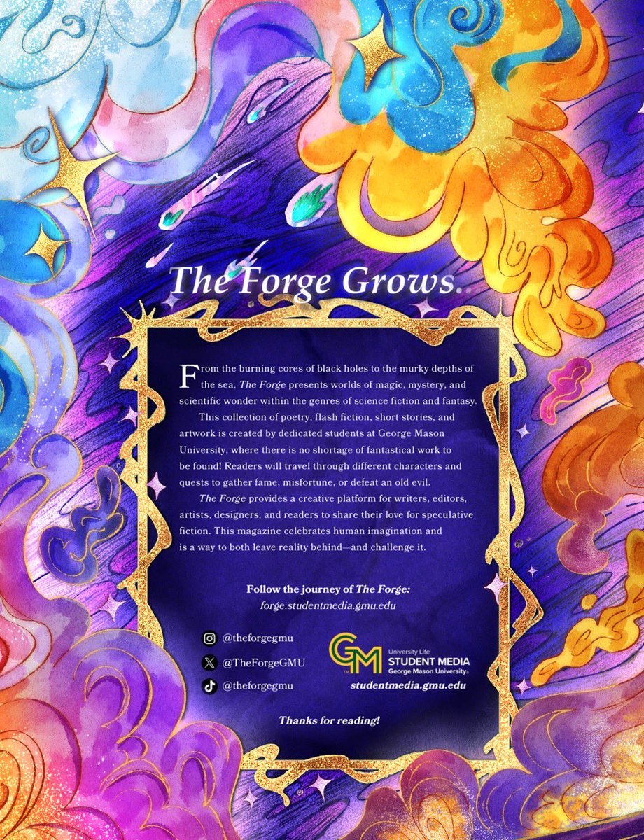 TheForgeGMU's tweet photo. Once again admiring the beautiful cover and interior art made by our team members Areeza, Jesse, and Ace for our Fall 2025 issue, The Cyberforge II 🥹✨

Check out The Cyberforge II on our website and also submit YOUR work for our next issue, through the Linktree in bio! https://t.co/sKtWqD009p