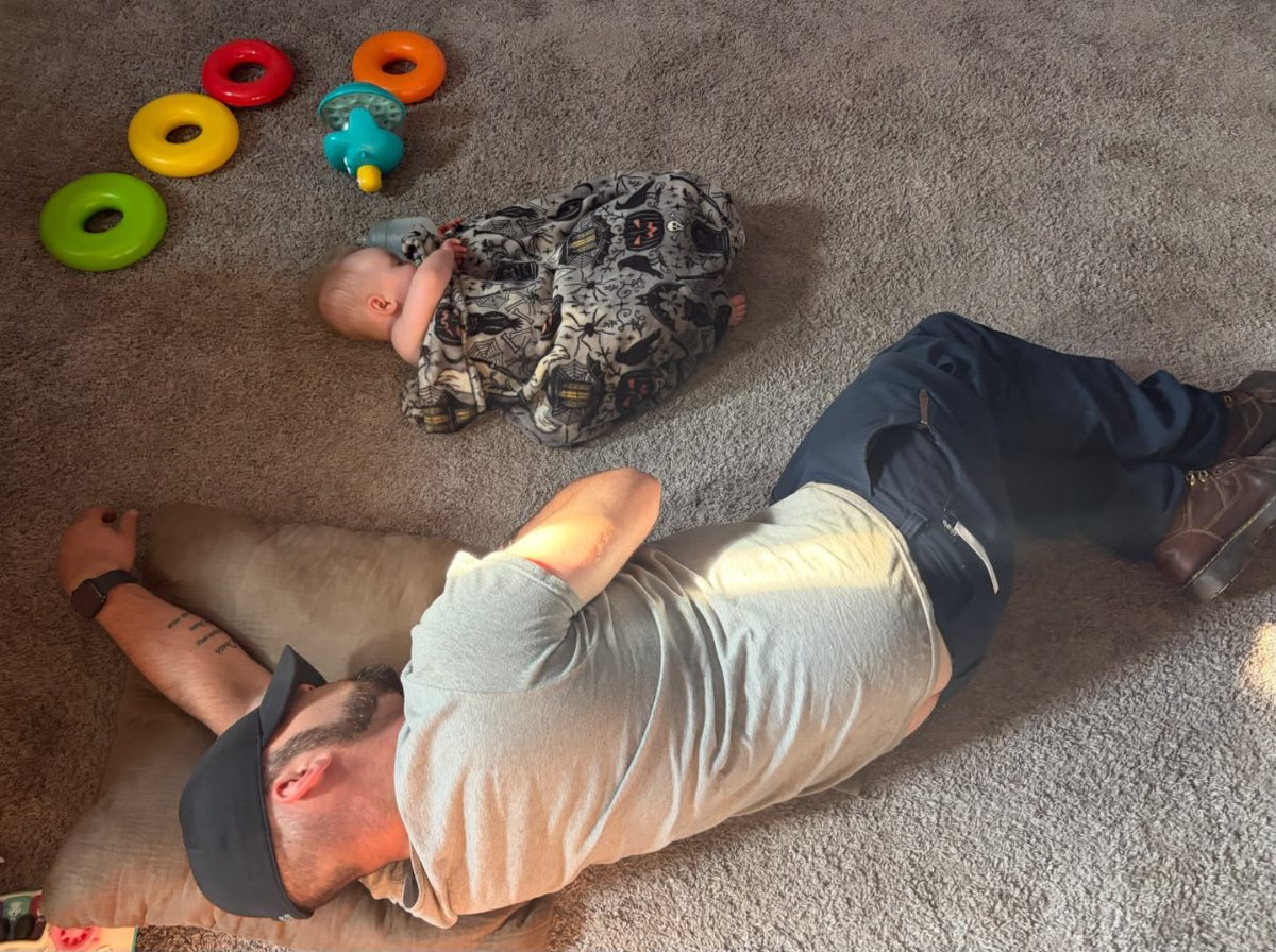 Haditya23's tweet photo. Came back from a store run to find these two snoozing on the floor 😆 Dad duties must be tough stuff 😂❤️ https://t.co/MipsQ3x9PN