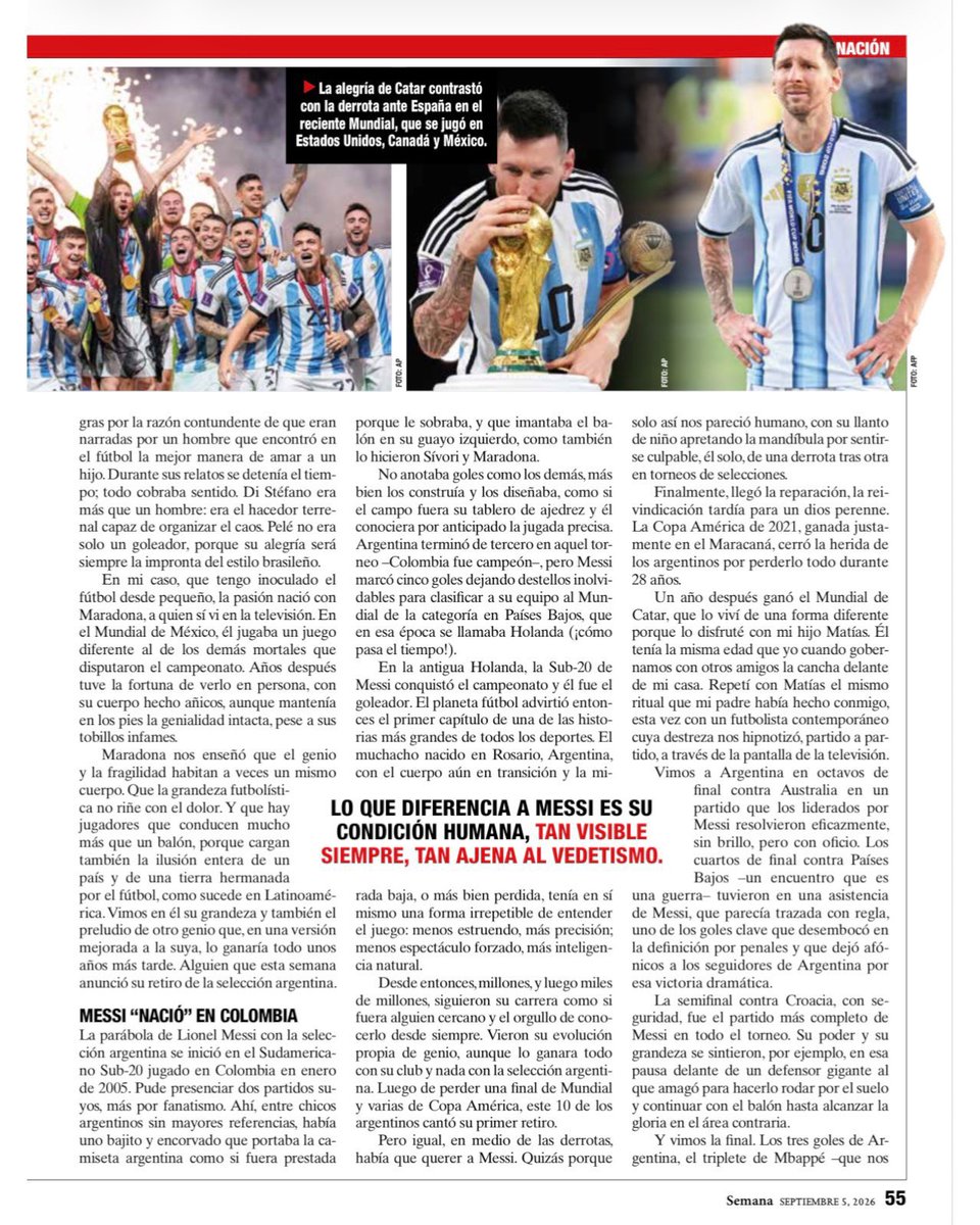 sozirv's tweet photo. Former Colombian president Iván Duque Márquez writes an entire article praising Messi 

“In a sport increasingly saturated with posturing and noise, Messi always chose restraint and stoicism. He chose silence, expressing himself solely through the ball.” https://t.co/cnyZv6D6f1