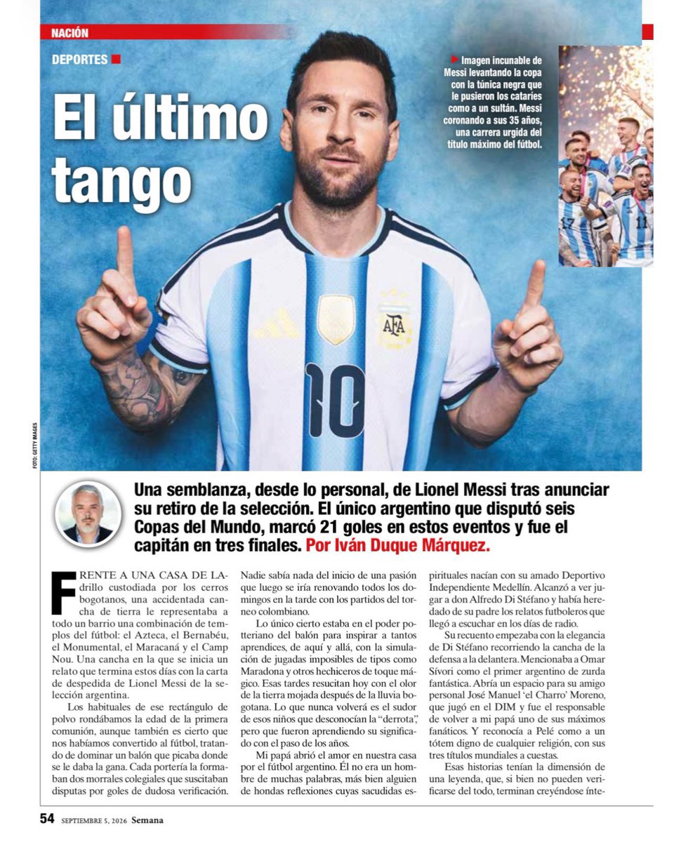 sozirv's tweet photo. Former Colombian president Iván Duque Márquez writes an entire article praising Messi 

“In a sport increasingly saturated with posturing and noise, Messi always chose restraint and stoicism. He chose silence, expressing himself solely through the ball.” https://t.co/cnyZv6D6f1