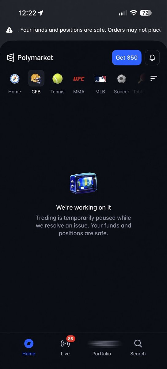 Chris__A91's tweet photo. Opening Saturday of college football. First time using Polymarket.
App: “We’re working on it.” Trading paused. Funds safe.
Not how I pictured Week 1.
@Polymarket https://t.co/JAkWPRe3RH