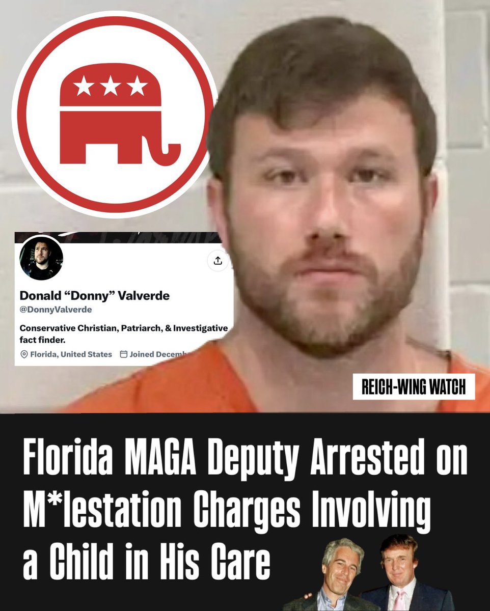 ReichWingWatch's tweet photo. 🚨A Pasco County sheriff’s deputy (@DonnyValverde) who described himself online as a “Conservative Christian” and “Patriarch” was fired and arrested Friday on child s*x abuse charges, after the minor in his custodial care came forward.

Donald Valverde, 37, faces two counts of lewd and lascivious m*lestation and one count of unlawful s*xual activity with a minor. Sheriff Chris Nocco says the alleged abuse happened off-duty, over a lengthy period, and that Valverde and the victim had a custodial relationship and knew each other well. 

Nocco called the victim “extremely brave” for coming forward and said he suspects there may be additional victims, urging them to contact the department.

Valverde joined the Pasco Sheriff’s Office in 2015, spent years on patrol, and was recently promoted to corporal before being transferred to a logistics role. Nocco acknowledged Valverde’s disciplinary record “was not stellar,” noting a prior internal investigation into a domestic incident that didn’t result in his firing at the time.

Online, Valverde ran an X account bragging about being an “Investigative fact finder” while following Ron DeSantis, RFK Jr., Ben Shapiro, Matt Walsh, Nick Fuentes, and Andrew Tate. In one reply to Ben Shapiro, he fretted about conservatives “splintering” and signed off “God bless.”

Valverde does not appear to be a drag queen, transgender, immigrant, or Muslim — making right-wing outrage unlikely. 

MAGA’s “protect the children” rhetoric only seems to make an appearance when there’s a minority to demonize.

Make sure this case gets the attention it deserves. 🔁
