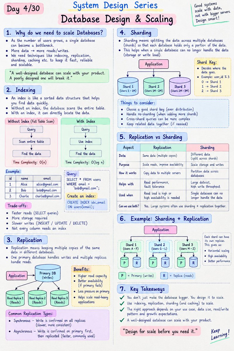 SCR01111's tweet photo. Day 4/30 - Database Design & Scaling 📌

How do you keep a database fast when your application goes from thousands → millions of users?

You don't just use a bigger server.

You scale it smartly.

━━━━━━━━━━━━━━━━━━

1. WHAT IS DATABASE SCALING?

A growing application means:

→ More users
→ More data
→ More read/write requests
→ More database load

Database scaling = techniques to handle that growth while keeping the system fast, reliable & available.

Think:

Indexing + Replication + Sharding + Caching

━━━━━━━━━━━━━━━━━━

2. INDEXING

Without an index:

Query
↓
Scan entire table
↓
Find data

With an index:

Query
↓
Index
↓
Find data quickly

Example:

Users
id | name | email

Find user by email
↓
Index on email
↓
Fast lookup

Trade-off:

→ Faster reads
→ More storage
→ Slower writes

Don't index every column blindly.

━━━━━━━━━━━━━━━━━━

3. REPLICATION

One database gets too many read requests.

Instead:

             Primary DB
              (Writes)
              /      \
             ↓        ↓
        Replica 1  Replica 2
         (Reads)    (Reads)

Benefits:

→ Higher read capacity
→ Less load on primary
→ Better availability

━━━━━━━━━━━━━━━━━━

4. SHARDING

What if one database can't handle the data anymore?

Split the data across multiple databases.

             Application
             /    |    \
            ↓     ↓     ↓
         Shard 1 Shard 2 Shard 3

Example:

user_id % 3

0 → Shard 1
1 → Shard 2
2 → Shard 3

Now different data lives on different machines.

Sharding helps scale storage + workload.

But choosing a bad shard key can create hotspots and uneven load.

━━━━━━━━━━━━━━━━━━

5. REPLICATION vs SHARDING

Replication

→ Same data
→ Multiple copies
→ Better reads + availability

Sharding

→ Different data
→ Split across machines
→ Scale storage + workload

And yes, large systems can use BOTH.

             Application
                  ↓
               Shards
             /   |   \
            ↓    ↓    ↓
         Replicas Replicas

━━━━━━━━━━━━━━━━━━

6. CACHING

Before hitting the database:

Application
     ↓
   Cache
     ↓
Data found?
  ↙       ↘
YES       NO
 ↓         ↓
Return   Database
           ↓
      Store in Cache

Caching reduces database requests and can make the system much faster.

━━━━━━━━━━━━━━━━━━

7. INTERVIEW QUESTION

"Your database is overloaded. What would you do?"

Don't immediately say:

❌ "Shard it."

Think:

Slow queries
↓
Optimize queries
↓
Add / tune indexes
↓
Caching
↓
Read replicas
↓
Sharding / partitioning

First find the actual bottleneck.

Then scale the part that's actually causing the problem.

━━━━━━━━━━━━━━━━━━

KEY TAKEAWAYS

✅ Indexing → Faster queries

✅ Caching → Fewer database requests

✅ Replication → More read capacity + availability

✅ Sharding → Distribute data across machines

✅ Large systems → Often combine multiple techniques

━━━━━━━━━━━━━━━━━━

FAANG TAKEAWAY

When the database becomes the bottleneck:

Measure → Identify → Optimize → Scale

Don't jump to sharding just because the system is getting bigger.

Next: Caching

How do you make a system dramatically faster without hitting the database for every request?