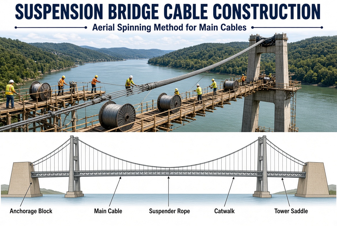 TitanStructure's tweet photo. How the main cables of a suspension bridge are built.

Workers use the aerial spinning method — pulling thousands of steel wires back and forth until they form the giant cables that hold the entire bridge.

Pure engineering.

#Engineering #CivilEngineering https://t.co/lcXiqSfK7Z