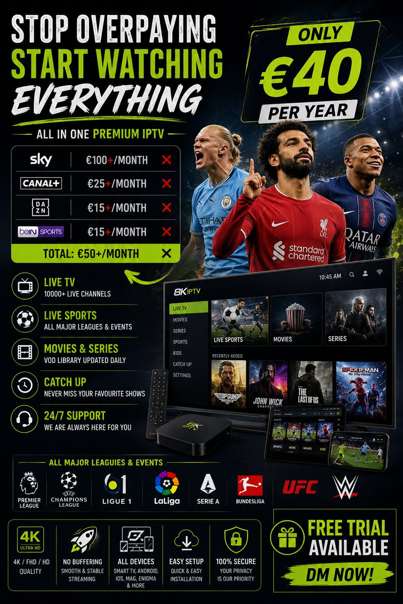 8k_Ultra_IPTV17's tweet photo. 🚨⚽ WHY OVERPAY FOR FOOTBALL? 💸

🇬🇧 Sky +TNT: £100+/month
🇫🇷 Canal+ + DAZN: €50+/month😩

🔥 Premium IPTV: €50/YEAR

🏆 EPL • Ligue 1 • UEFA • LaLiga
🎥 HD/4K • Smooth streaming
🎁 FREE TRIAL

 https://t.co/yWv8bjQVkM

#lufc #itfc #swfc #ManCity #PremierLeague #leagueone https://t.co/abeBXeB8MO