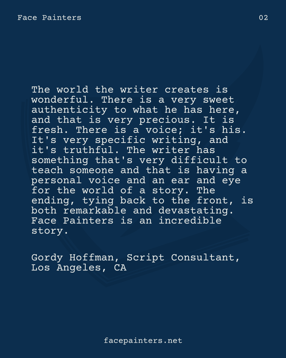 FPscript's tweet photo. Face Painters Screenplay has received recognition from Gordy Hoffman, Script Consultant.

A character-driven, multi-generational story written by Giovanni Sanseviero.

#FacePaintersScreenplay #screenplay #screenwriting #FilmfareLens #FacePainters https://t.co/REhRN5Dd2U