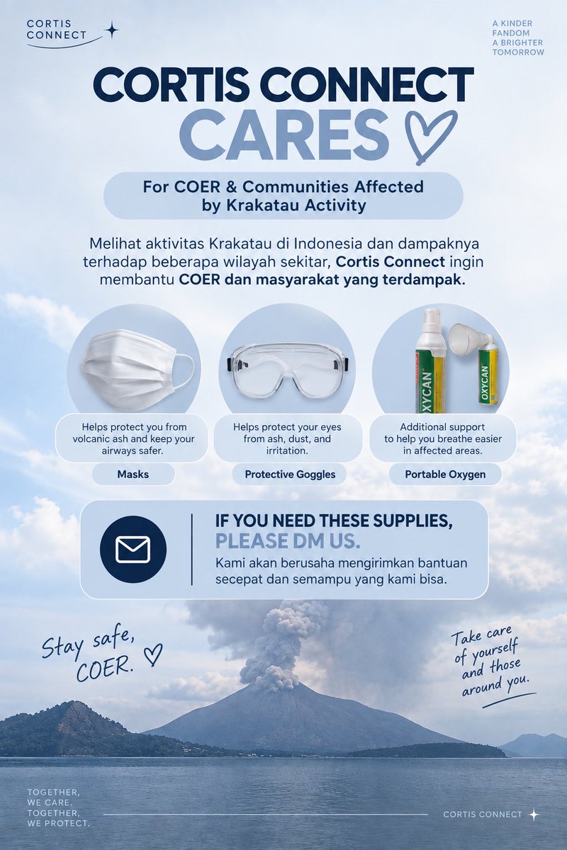 cortisconnect's tweet photo. 🤍 CORTIS CONNECT CARES

Melihat aktivitas Krakatau dan dampaknya terhadap wilayah sekitar, kami ingin membantu COER dan masyarakat yang terdampak.

Kami menambahkan portable oxygen selain masker dan protective goggles.

Jika kamu berada di wilayah terdampak dan membutuhkan supply, silakan DM kami. Kami akan berusaha mengirimkannya secepat dan semampu yang kami bisa.

Stay safe, COER. 🤍