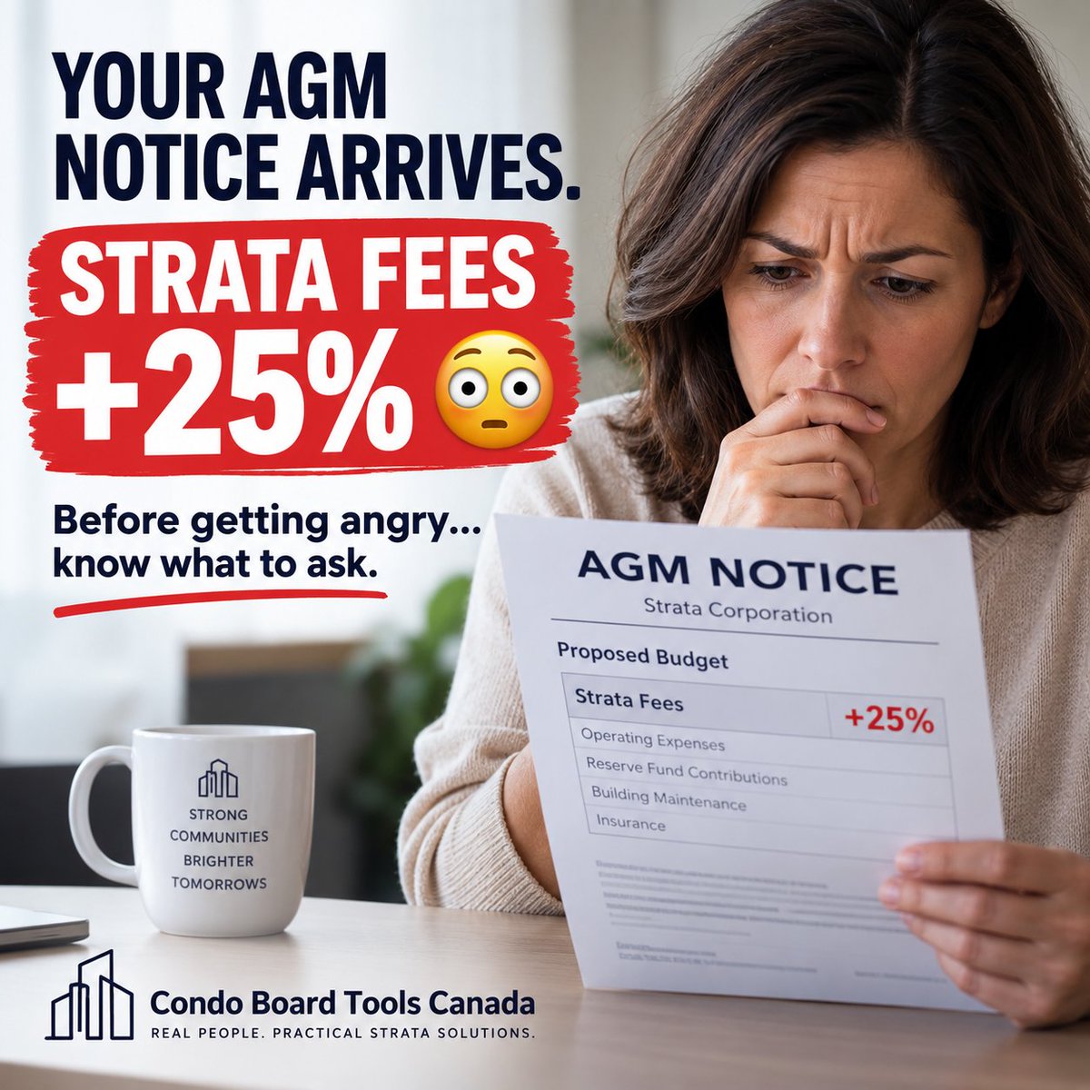 CondoBoardCA's tweet photo. AGM package arrives.
Proposed strata fees: +25%.
Before getting angry, ask one question:
What changed enough to require a 25% increase?
Look at the actual numbers. Ask what increased, what decreased, and why.
#BCStrata #StrataFees #condoboardtoolscanada https://t.co/9XgS23Ch7n