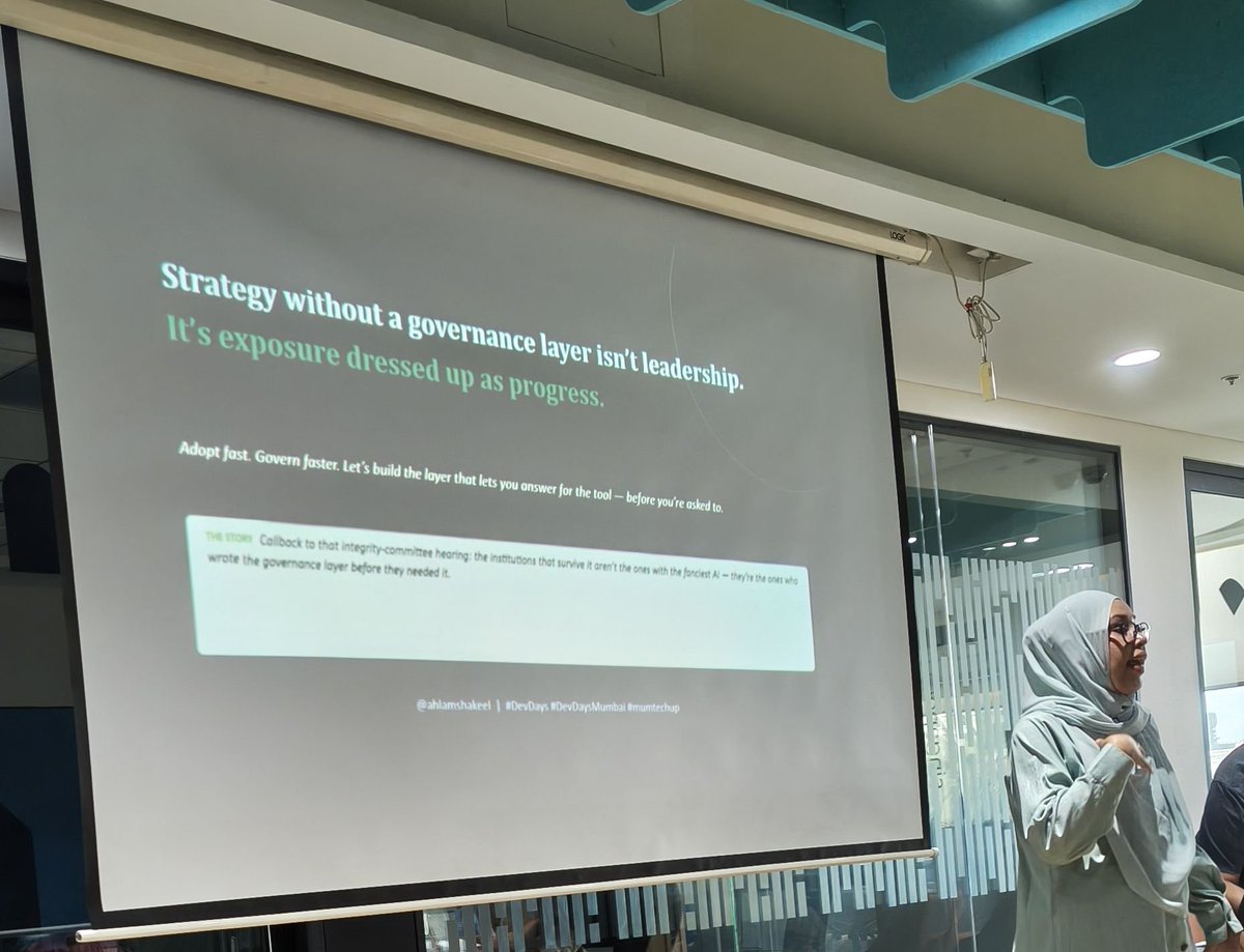khairdi_'s tweet photo. Underrated session at @github #DevDays Mumbai.
@ahlamshakeel on AI governance in education, and the question nobody asks the vendor: when the proctoring system flags a student for a bad camera angle, who is accountable?
Three things to settle before you sign: who audits the outputs, where the data lives, and how a wrong decision
gets challenged.
Applies well beyond classrooms.
@augvcor
#DevDays #DevDaysMumbai #Mumbaitechup