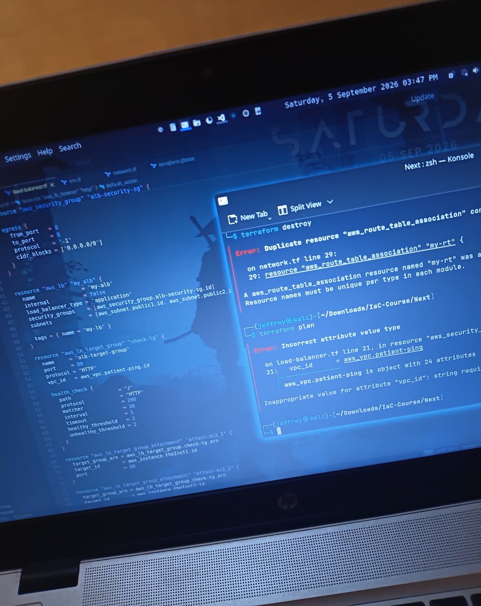 JeffreyPeter_'s tweet photo. Today’s IaC progress 🧑🏽‍💻

Built:
• 2 EC2 instances across different AZs/subnets
• An Application Load Balancer for traffic distribution
• Separate Security Groups for the ALB and instances
• HTTP/SSH access rules

It wasn’t smooth. Typos, logic errors, deployment issues… and even after deploying, the ALB DNS still refused to load my page.

Debugging is part of the learning.