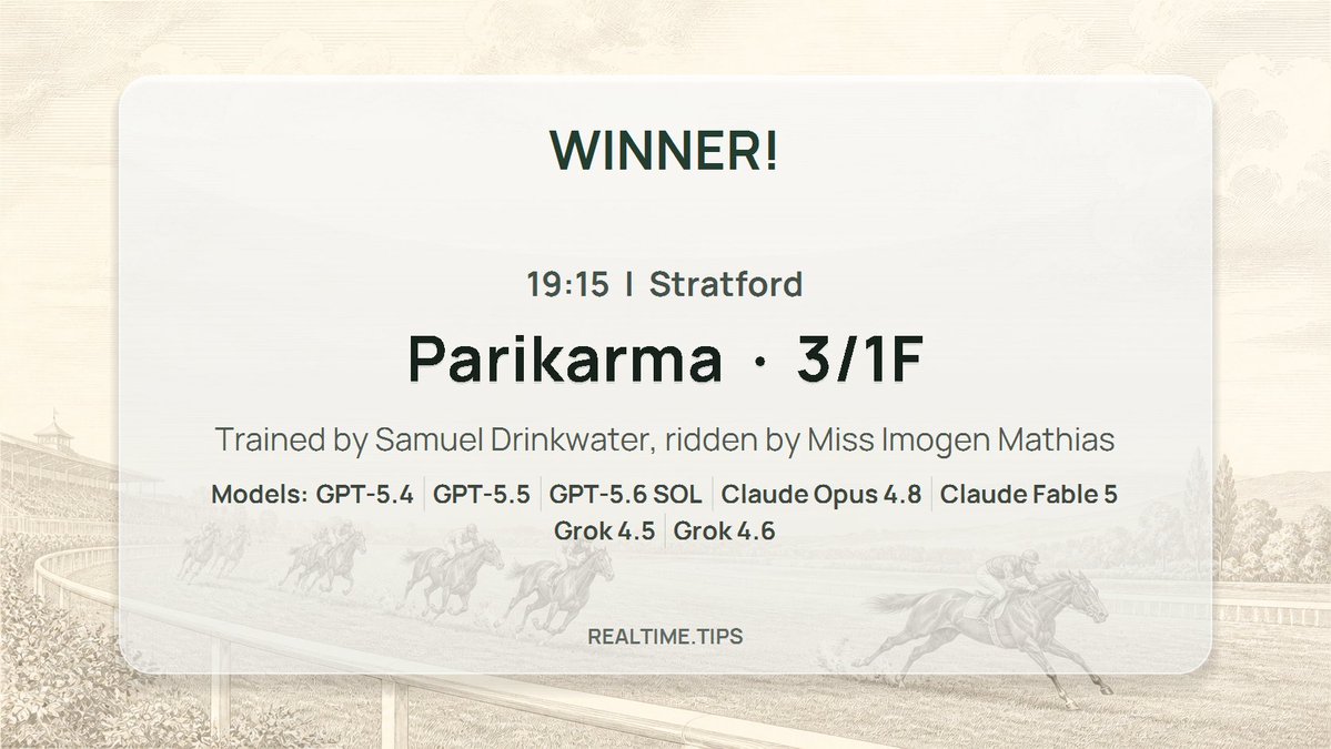 realtime_tips's tweet photo. #grok #horse_racing #tips #WINNER!
19:15 #Stratford @stratfordraces
Parikarma (IRE) 3/1F
#Grok predicted this! @grok
#Samuel_Drinkwater #Miss_Imogen_Mathias https://t.co/w1PiTi8rre