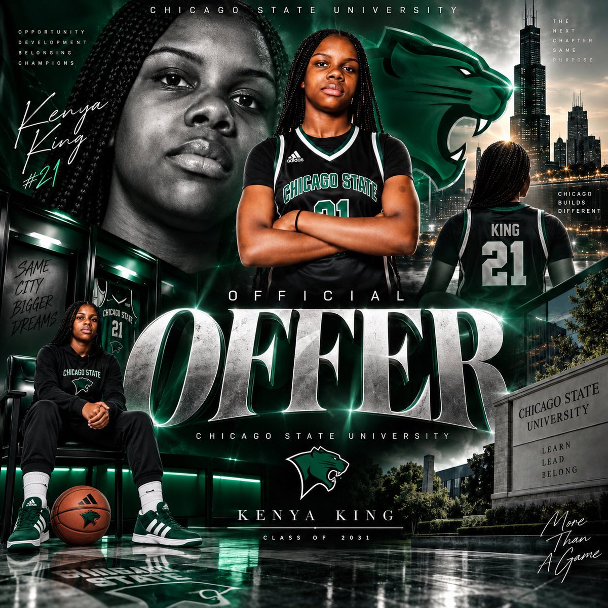 kenyaking2031's tweet photo. God’s timing. 🙏🏾💚

Extremely blessed and grateful to receive my FIRST OFFICIAL DIVISION I OFFER from Chicago State University! 🏀💚🤍

Thank you to Head Coach Corry Irvin and the entire Chicago State WBB staff for believing in me and giving me this opportunity. https://t.co/ib4kQviDKx