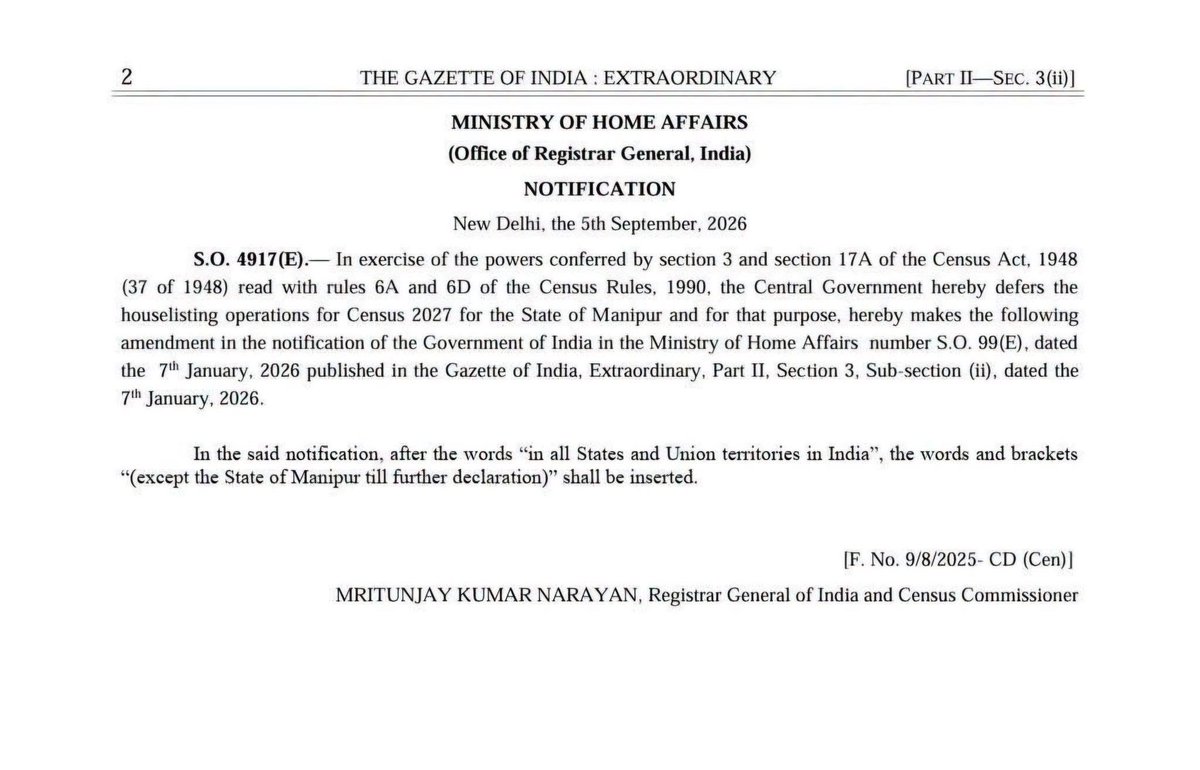 KonthoujamG's tweet photo. Expressing my deepest gratitude to Hon'ble Prime Minister Shri @narendramodi ji and Hon'ble Union Home Minister Shri @AmitShah ji for considering the ground situation in Manipur and issuing the official Gazette notification to defer the houselisting operations for Census 2027 in the State of Manipur until further declaration.
​This decisive step reflects the Union Government’s empathetic understanding and sensitivity toward the current conditions in our state. We remain committed to working closely with the Centre for peace, stability, and the welfare of all citizens of Manipur.
@NitinNabin @sambitswaraj 
​#Manipur #GovernmentOfManipur #MinistryOfHomeAffairs #NarendraModi #AmitShah #Census2027