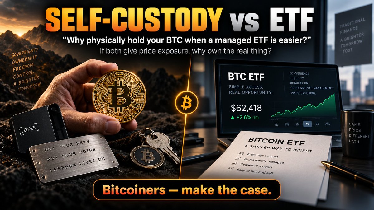 StackNStrength's tweet photo. A dear friend asked me this yesterday, and I thought I’d throw it to some of the serious Bitcoiners on here:

“Bruzzy — sell me on why physically holding your BTC is such a big deal?

Why go through the effort, responsibility and complexity of self-custody when you could simply have the same capital exposure through a managed Bitcoin ETF?”

Fair question. 

So, Bitcoiners — if you had ONE shot at convincing someone why owning the actual Bitcoin matters more than simply owning exposure to its price…

What would you tell them?

Self-custody vs ETF.

Make the case. 👇leaving the floor for the veterans here @JoelHodlman @HodlFlorida @ForrestHODL @JoshuaDHCM @seanclarke911 @FinCreighton @AAStack @BeefButterBTC @BTC_JEDI21
