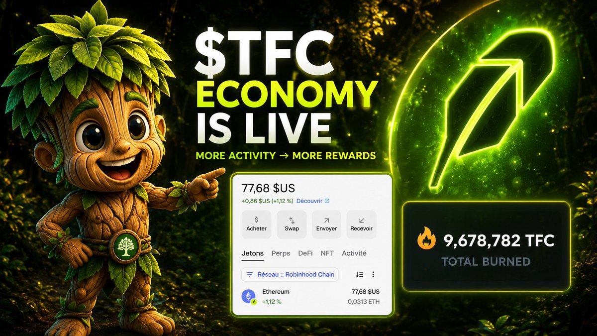 TreeFiApp's tweet photo. $TFC is already working. 🌲

9.67M $TFC burned 🔥
 $77.76 toward the next season’s Prize Pool 🎁

Today’s activity is already feeding the economy.

More activity → Bigger Pool.

And we’re just getting started. 👀 

#TFC #TreeFi #RobinhoodChain #Robinhood #GameFi #Web3Gaming #FLAP @RobinhoodApp  @flapdotsh