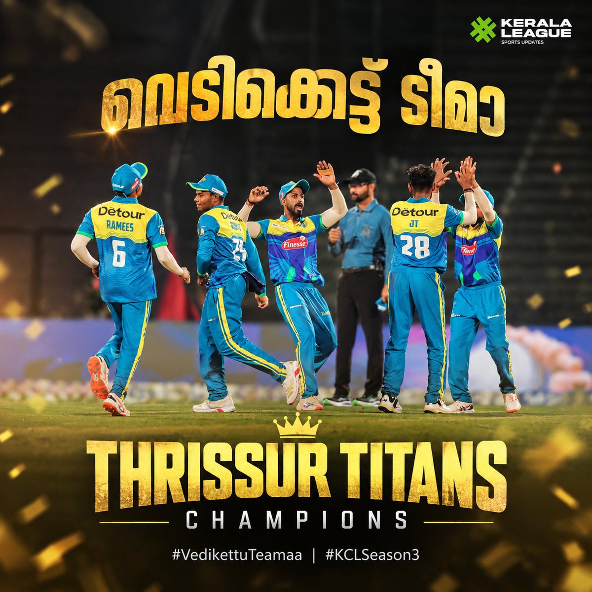LeagueKerala's tweet photo. Title for Titans! @ThrissurTitans  

KCL മൂന്നാം സീസൺ കിരീടം തൃശൂർ ടൈറ്റൻസിന്, തോൽപ്പിച്ചത് കാലിക്കറ്റ് ​ഗ്ലോബ്സ്റ്റാർസിനെ!

#kclseason3 #keralacricketleague #kcl #aaveshaminiverelevel ​#sanjusamson https://t.co/qjznzEjpdf