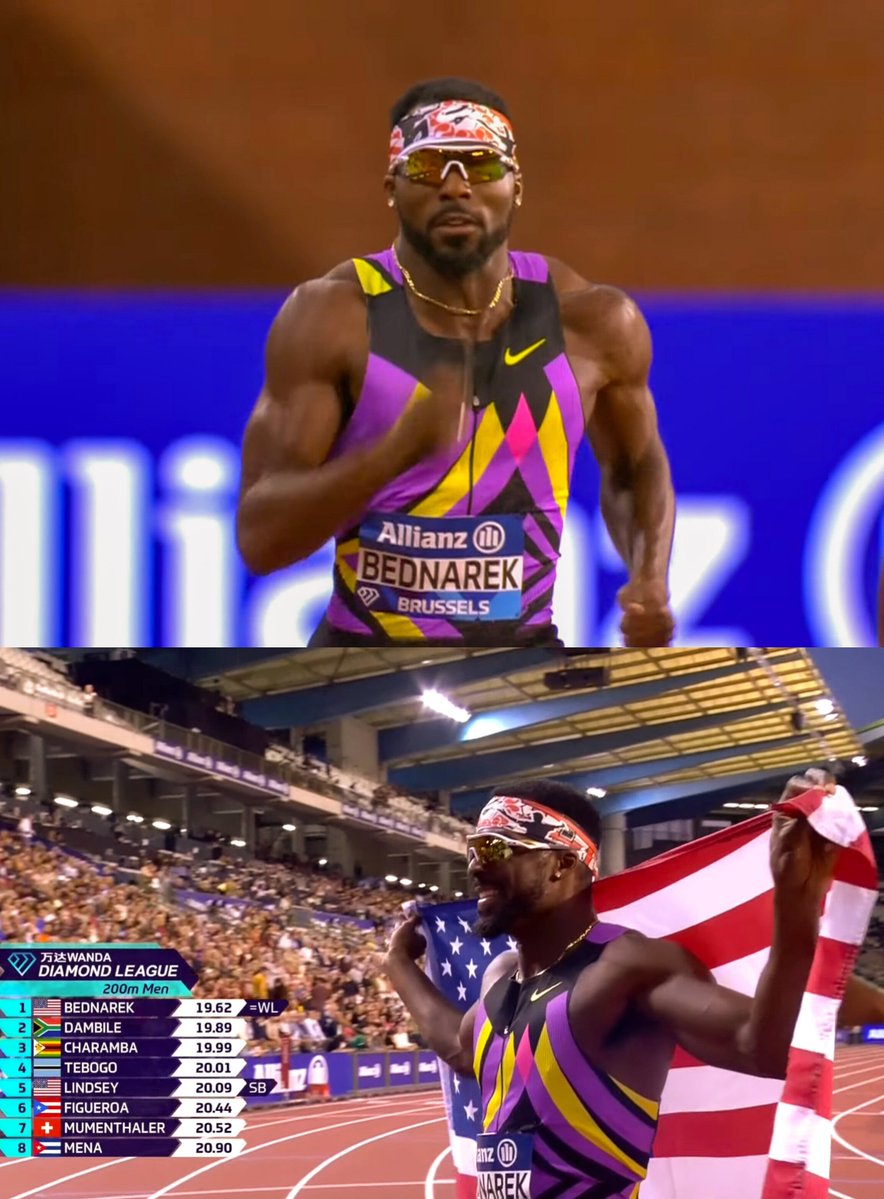 TrackGazette's tweet photo. 19.62s!!🔥
World Lead ☑️

Kenny Bednarek 🇺🇸 dominated the men's 200m at the Brussels Diamond League final, equalling his own World Lead od 19.62s (0.8).

Sinesipho Dambile 🇿🇦 was 2nd in 19.89s, while Makanakaishe Charamba 🇿🇼 was 3rd in 19.99s.

Letsile Tebogo 🇧🇼 was 4th in 20.01s.