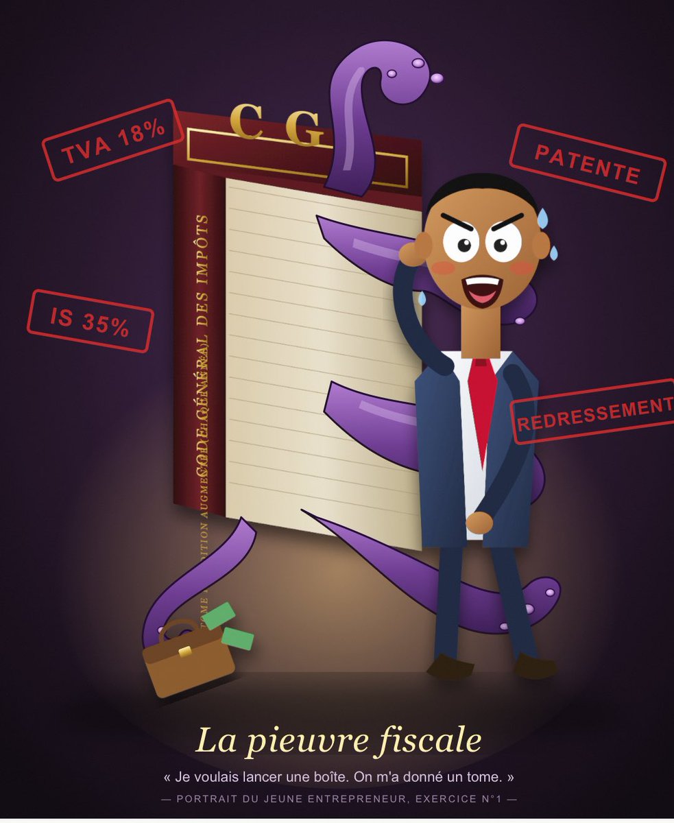 Alipresii's tweet photo. Prenons Tahir , 26 ans, qui ouvre une petite boutique dans son quartier à N’Djaména. Il fait
2,5 millions de chiffre d’affaires par an. Pas de bénéfice. De chiffre d’affaires. Tout ce qu’il
encaisse avant de payer la marchandise.
Le Code le classe en « catégorie G » (art. 33) et lui présente la facture : 40 000 FCFA
d’Impôt Général Libératoire (art. 32, zone 1).
40 000 F, ce n’est pas la fin du monde. Mais Abakar n’a pas encore vendu un seul sachet
d’eau que l’État a déjà sa main dans sa poche.