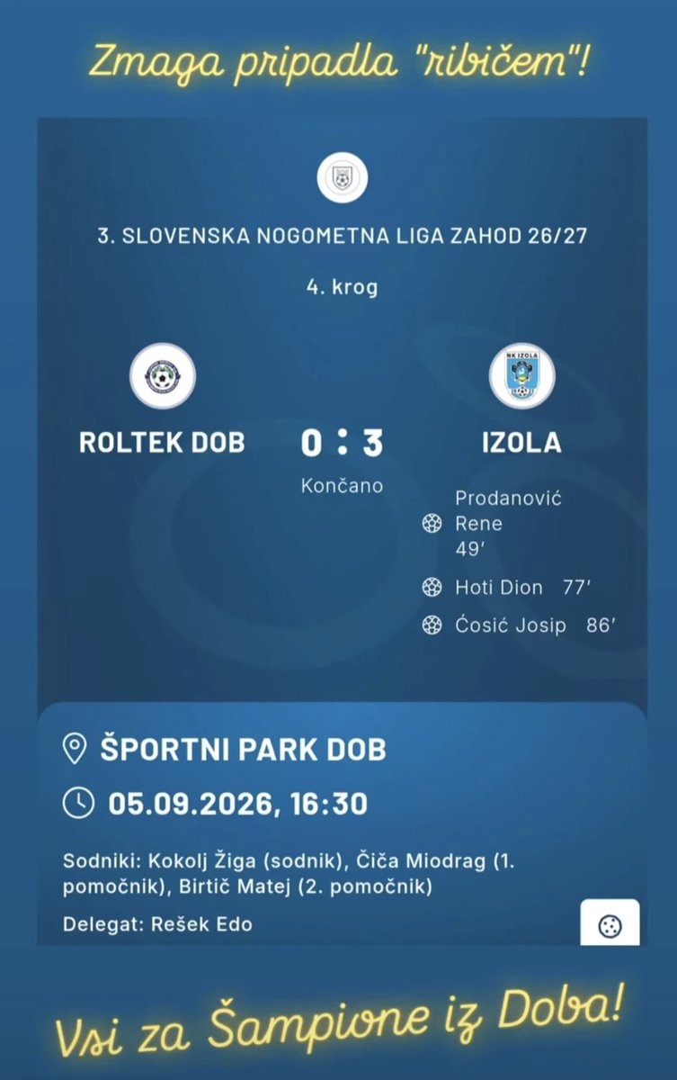 NkRoltekDob's tweet photo. #3SNL: ZMAGA PRIPADLA IZOLSKIM "RIBIČEM"!

Glavo gor, prvenstvo je še dolgo! 

Iskrena hvala vsem zvestim navijačem, ki ste naše nogometaše podpirali s tribun.
Skupaj gremo naprej – v dobrem in slabem! 

Vsi za Šampione iz Doba! https://t.co/HUWnEA03hV