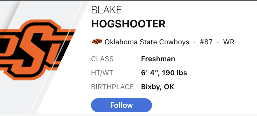 ChrisVannini's tweet photo. Oklahoma State has a player named BLAKE HOGSHOOTER. 

And they play at Arkansas next season!!! https://t.co/ka1TleL7CC
